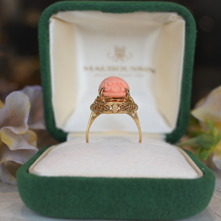ピンクコーラル 彫りリング