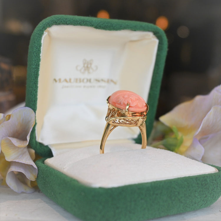 ピンクコーラル 彫りリング