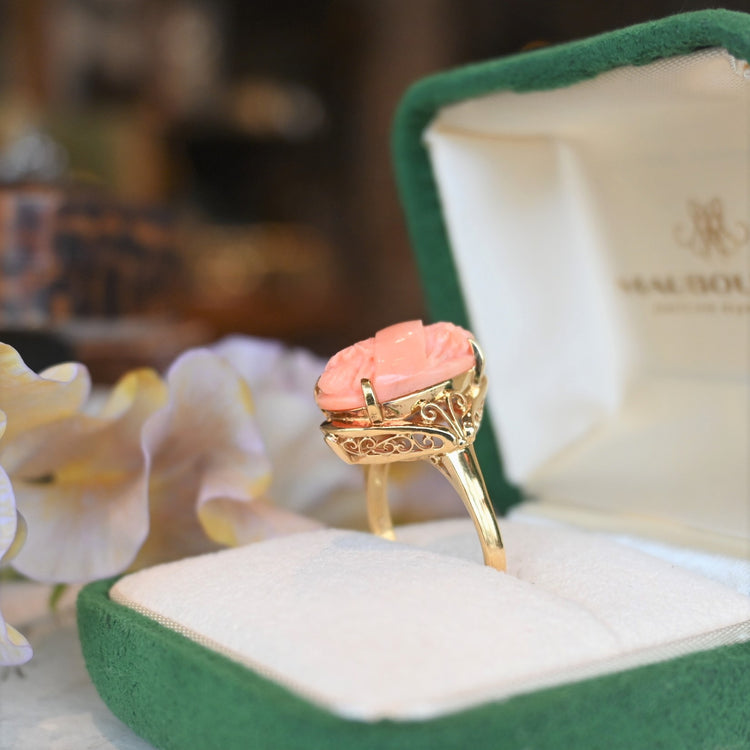 ピンクコーラル 彫りリング